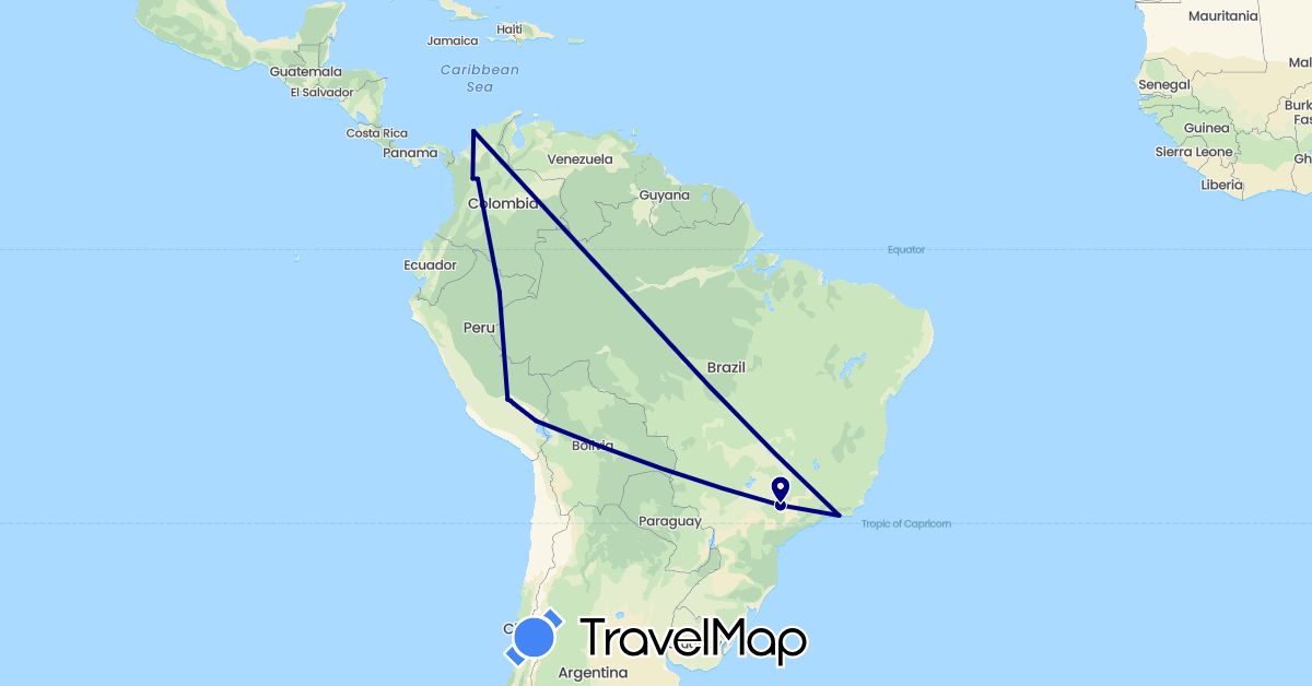 TravelMap itinerary: driving in Brazil, Colombia, Peru (South America)